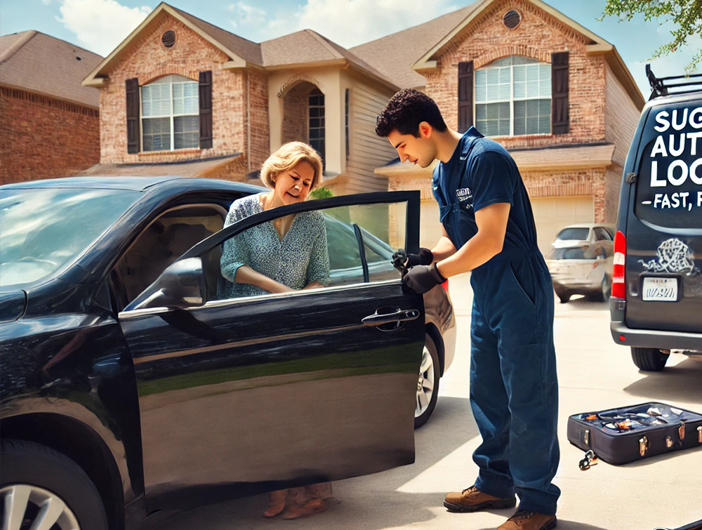Locksmith toolkit beside vehicle during roadside service in Sugar Land