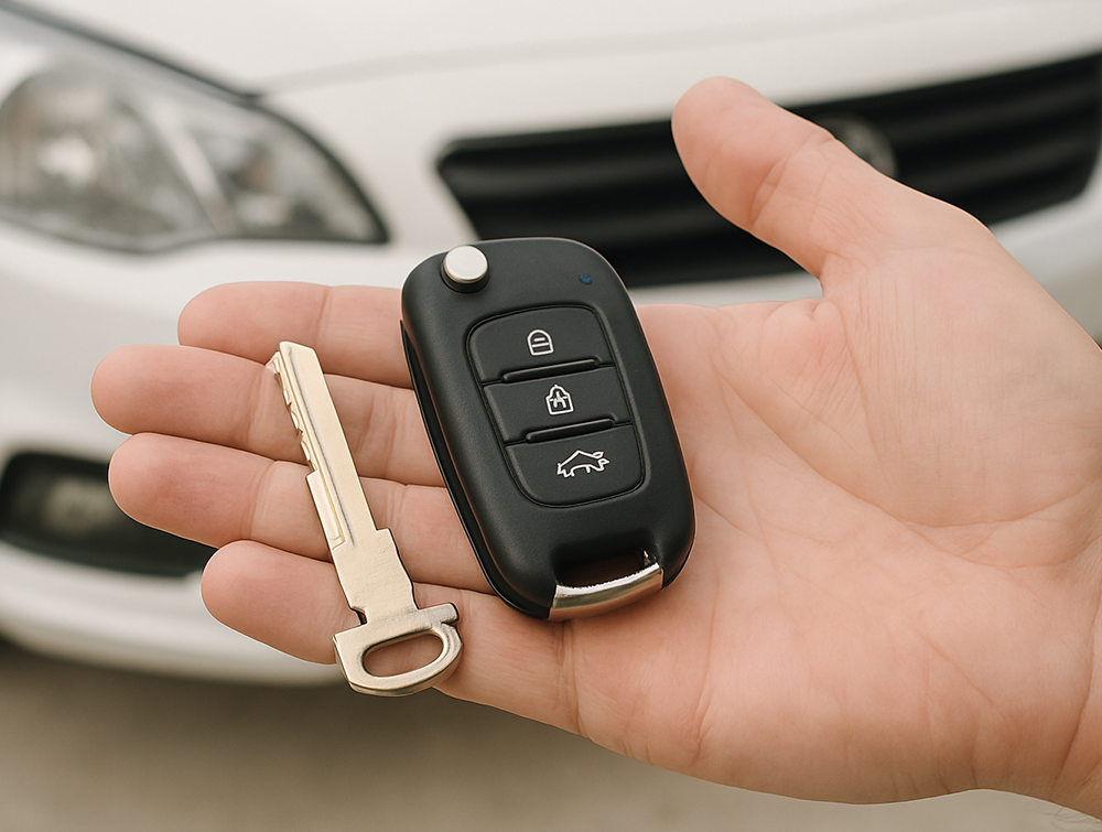 Auto locksmith creating a replacement car key for a locked-out driver