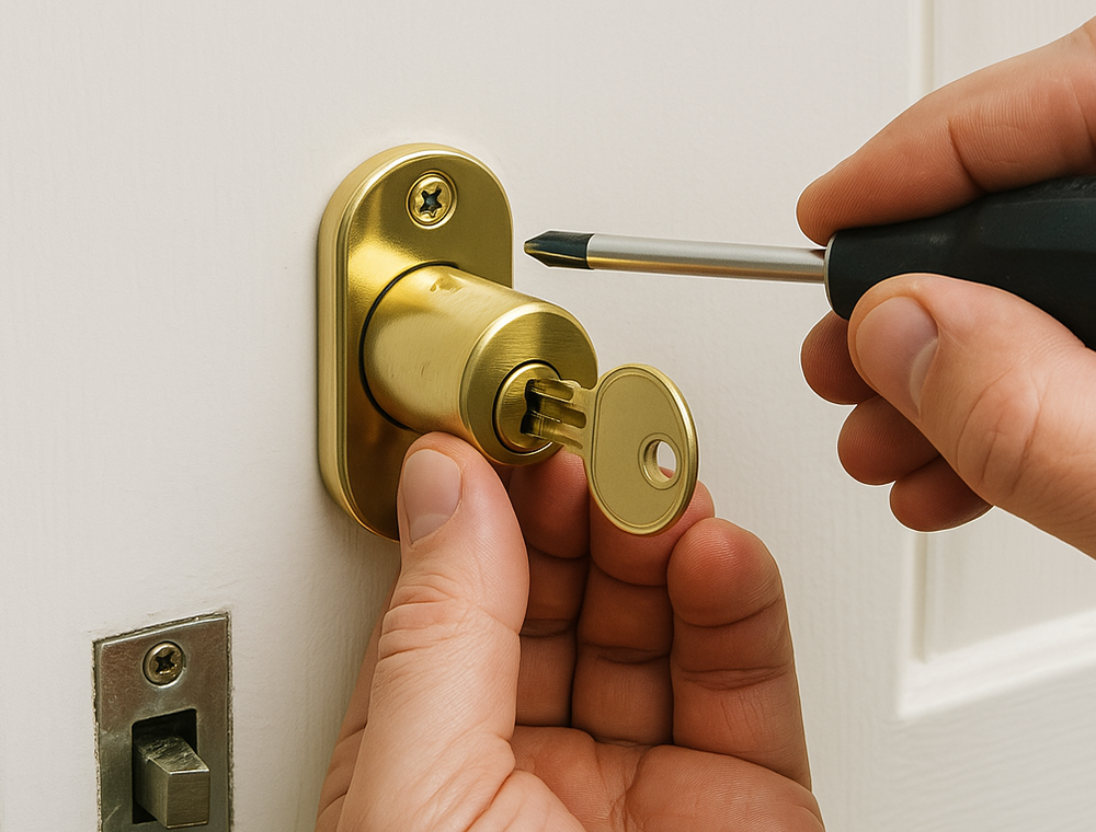 Professional locksmith changing door locks in Sugar Land