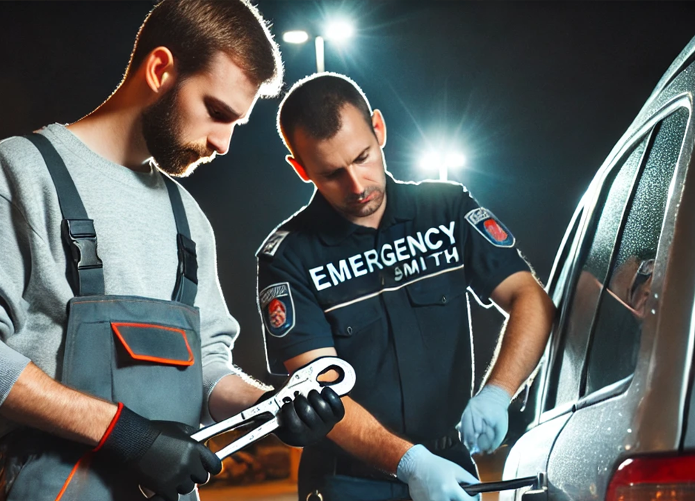 Emergency locksmith unlocking residential door late at night