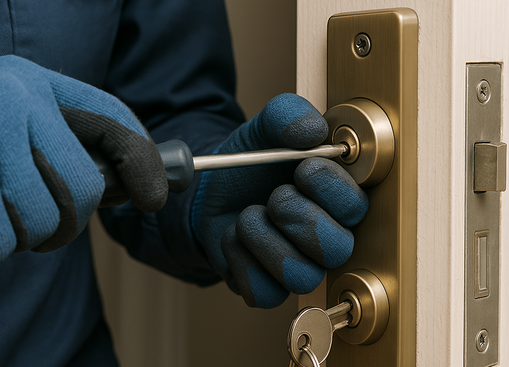 Locksmith providing urgent door unlocking service in rainy weather