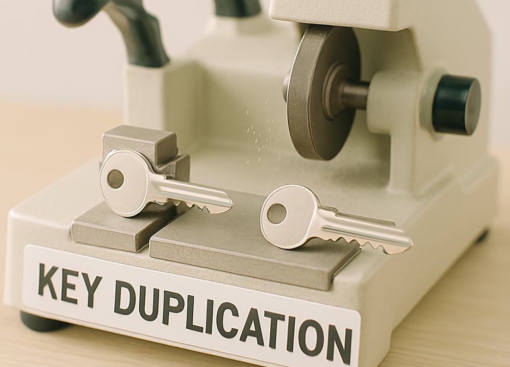Locksmith duplicating keys using a modern key cutting machine
