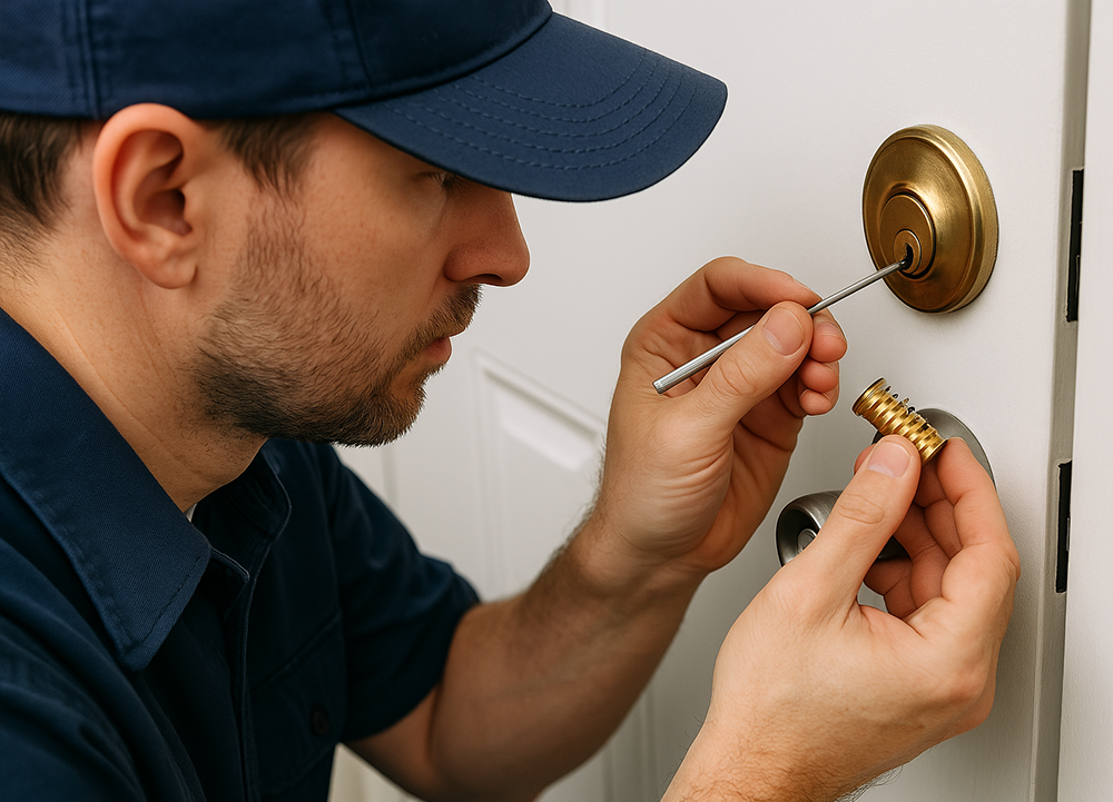 Expert locksmith technician handling rekey tools